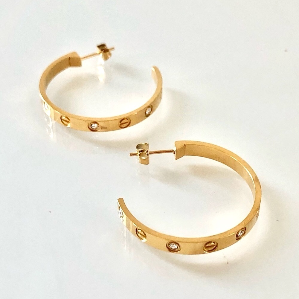 Gold Screw Earrings Zirconia Hoops - Picture 9 of 17
